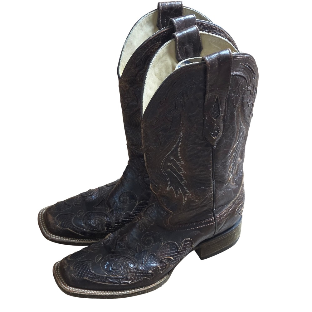 Corral Womens Leather Snake Inlay Brown Square Toe Western Boots 9.5 M Boho 2404